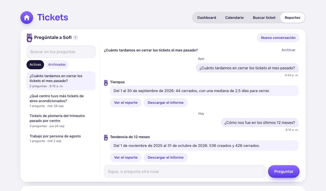 La conversación con Sofi en Reportes, con sus contestaciones y el informe